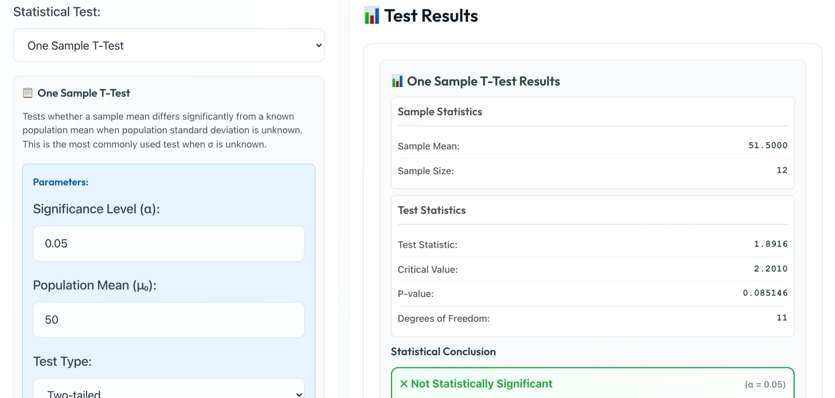 DistriScope statistical calculator showing hypothesis test inputs and results