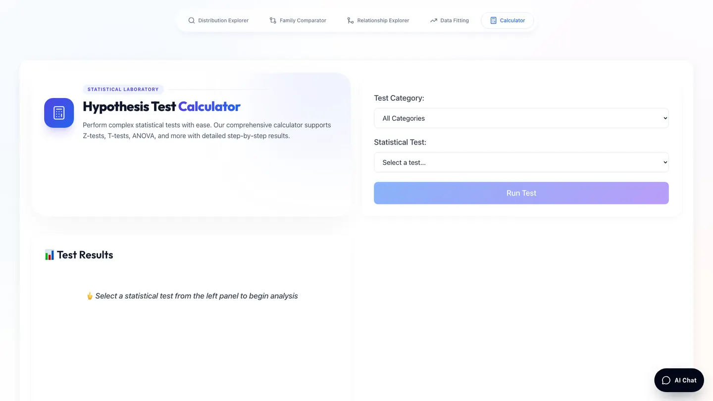 DistriScope statistical calculator showing hypothesis test inputs and results